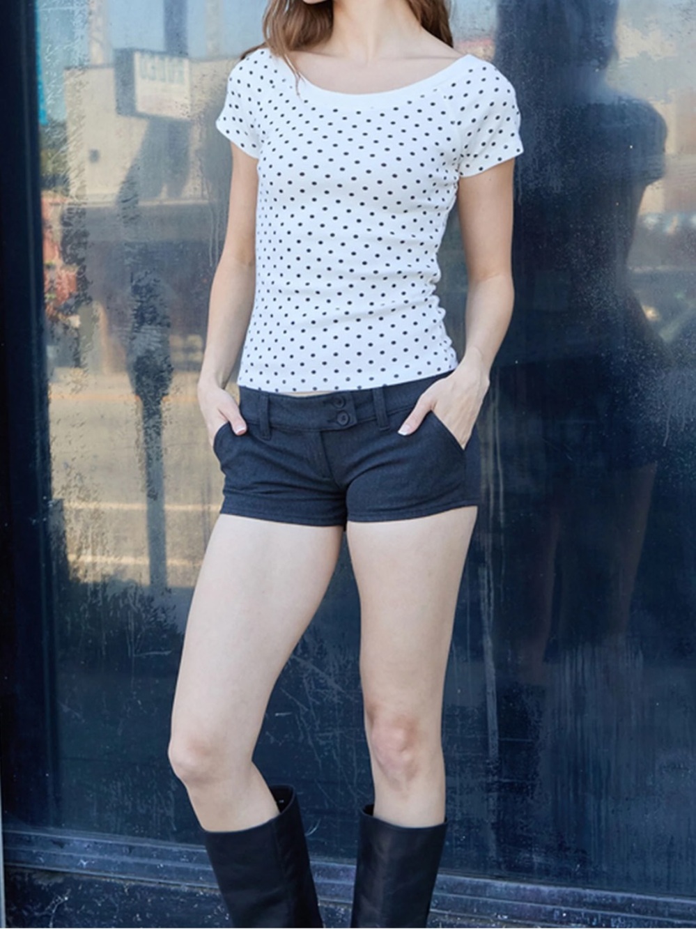 RSQ Boat neck White polka dot crop top